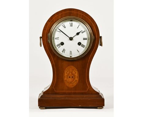 An Edwardian inlaid balloon shape mantel clock, the movement marked PHS and a running hare motif.  Height +/- 33 cm.