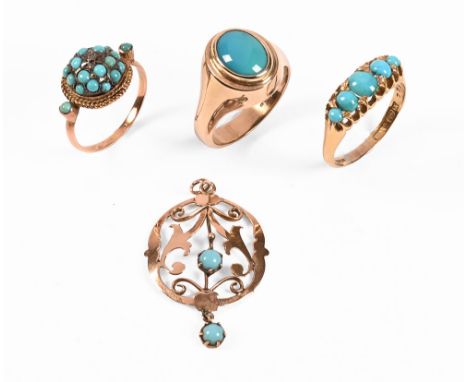 A Collection of gold and turquoise set jewellery, pendant 9 ct, 1.3 grams, a 9 ct gold ring with single cabochon turquoise Si