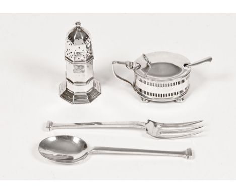 A silver fork and spoon Sheffield 1922, James Deakin & Sons, together with a silver sifter, hallmarks rubbed and a silver mus