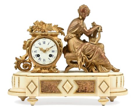 A late 19th century French mantel clock, with gilt spelter figure modelled as female musician with Roman numeral enamelled fa