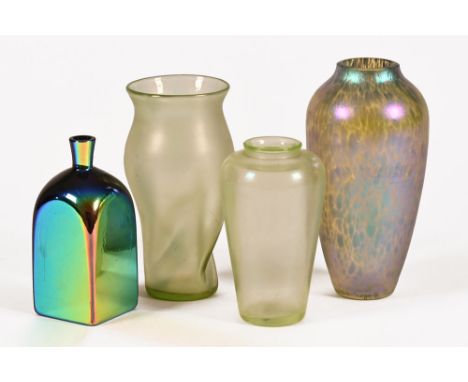 Four pieces of Art Glass, to include an iridescent square form bottle with paper label to bottom Peter Ravenwood Loetz case b