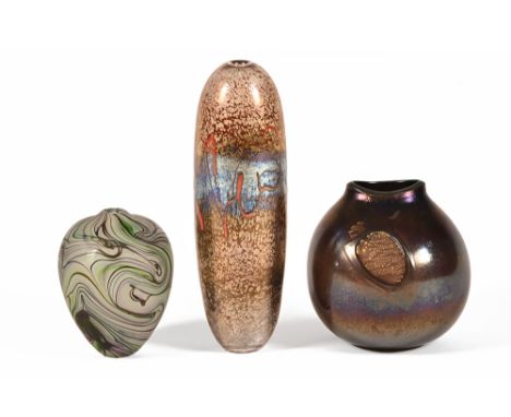 Three Art Glass vases, one marked to bottom Breathing Space, attributed to Nick Orsler 15 cm.  Carin Von Drehle a swirled gre