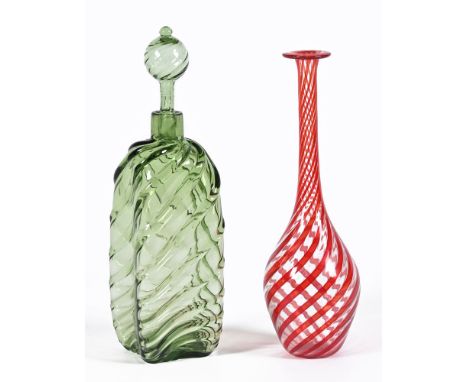 Two pieces of Art Glass, a red and clear glass vase with tapering twist effect.  Height 27 cm, together with a green twisted 
