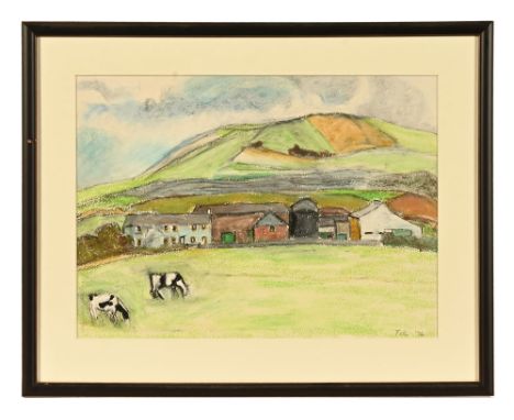 Sheila Fell (1931-1979), a pastel preliminary sketch in relation to "The Fitz Farm 1976".  25.5 cm x 34 cm, framed, signed an