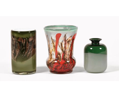 A Brent Kee Young glass vase, measuring +/- 17 cm, signed and dated to base '79, together with an Art Glass vase with red dri