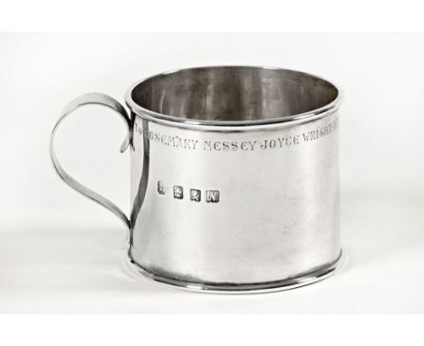 Sorley Silversmiths to His Majesty the King Glasgow, a silver hallmarked christening mug, engraved to Rosemary Nessey Joyce W