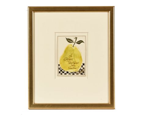 Percy Kelly (1918-1993), a lino print "A Happy New Year from Pear Tree" signed Roberta 14.5 cm x 10 cm, framed.  Castlegate H