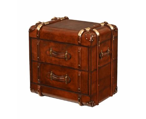 A 20th century leather bedside cabinet, in the form of a trunk with two long drawers and brass coloured fittings.  Height +/-