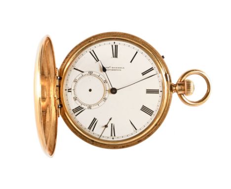 Robert Roskell Liverpool an 18 ct gold Hunter pocket watch, with engine turned decoration to the front and rear opening to an
