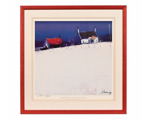 John Lowrie Morrison - Jolomo, a print Cavell's House In The Snow Iona, signed and numbered 223/800.  46 x 45 cm.