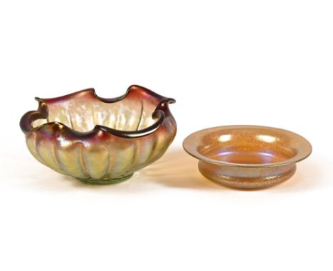 Two Art Nouveau Loetz style bowls, both in iridescent glass.  Largest height 12 cm, diameter 28 cm.  Smallest height 6 cm, di