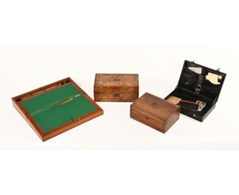 A Victorian walnut writing slope, another in rosewood, a mahjong box and a leather document box.  Widest 35.5 cm.