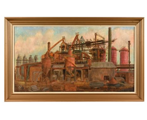 R Hindle, an oil on canvas Workington Steelworks Blast Furnaces, signed and dated 1981.  49 x 89 cm, framed (see illustration