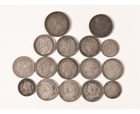 Fifteen Victorian silver British coins, 1849 florin, eleven silver shillings 1854, 1868, 1874, 1882, 1881, two 1887's, 1891, 