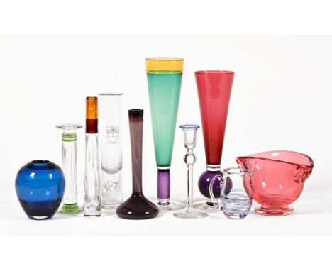 A collection of ten coloured Art Glass vases, candlesticks, jug etc, most indistinctly signed to the base.  Tallest +/- 37 cm