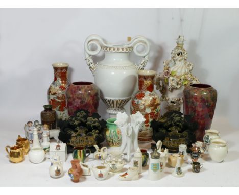 A collection of ceramics, including collectors plates, cabinet pieces from Shelley and Goss, two Meyer studio pottery vases, 