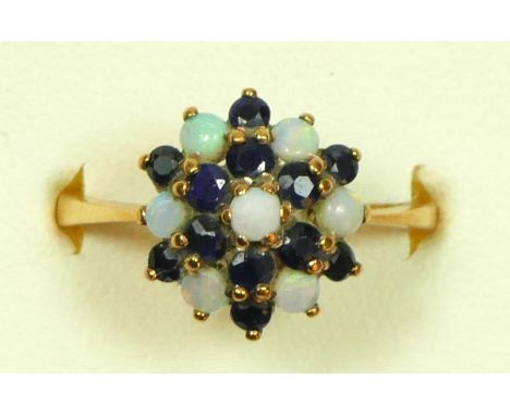 A 9ct gold sapphire and opal cluster ring, N 1/2, 2.6gm 