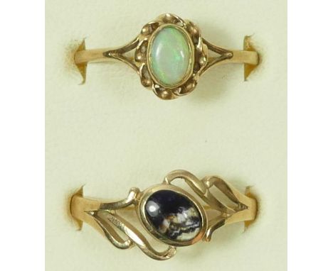 A 9ct gold and Blue John ring, O and a 9ct gold and opal ring, O, 3.4gm 