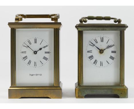 A Mappin &amp; Webb carriage clock, brass case with bevelled edge glass panels, enamelled dial with 8 day movement, together 