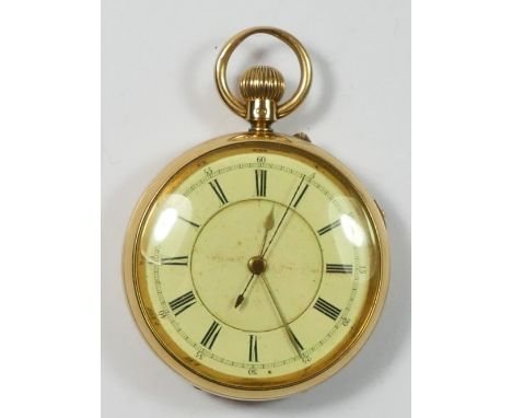 A Victorian 18ct gold keyless wind open face stop second chronograph pocket watch, Birmingham 1896, white enamel two part dia