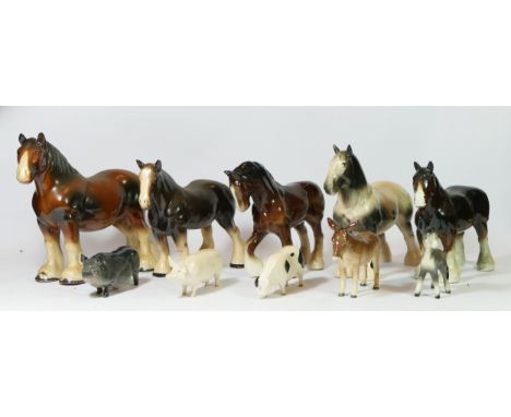 Fore Beswick figures, to include three pigs and a donkey, together with five unsigned ceramic figures of Shire Horses and a d