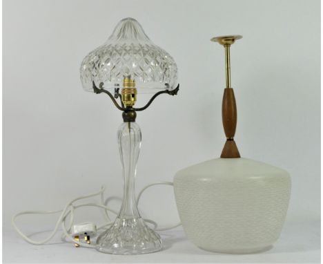 A 1960s teak &amp; opaline glass pendant ceiling light, together with a crystal glass table lamp, 46cm tall. (2) 