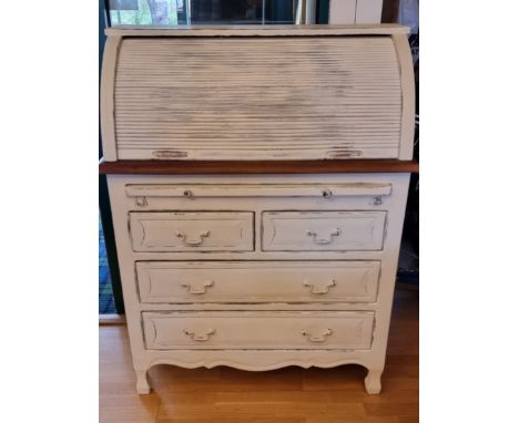 A Laura Ashley 'Bramley' distressed French style white painted roll top desk, opening to reveal a fitted interior, pull out s