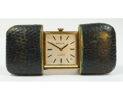 Mappin, a vintage slide action travel watch, gold plated case, leather outer, spares or repair 