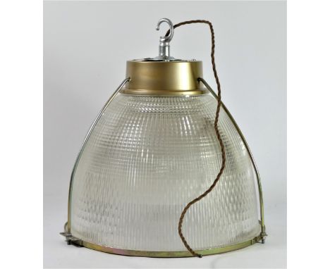 A&nbsp; Metpro hanging lamp, bauhaus style with lens effect fresnel textured glass shade, having new porcelain fitting &amp; 