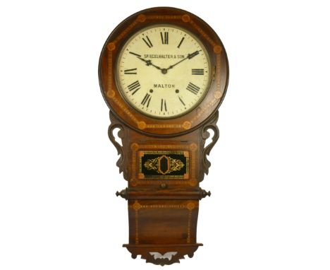 Spiegelhalter &amp; Son, Malton, a 19th century American mahogany and inlaid wall clock, 11 1/2" white dial with Roman numera