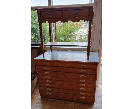 A Victorian waxed pine washstand with two frieze drawers, 86 x 53 x 75cm together with an eight drawer folio chest, 108 x 70 