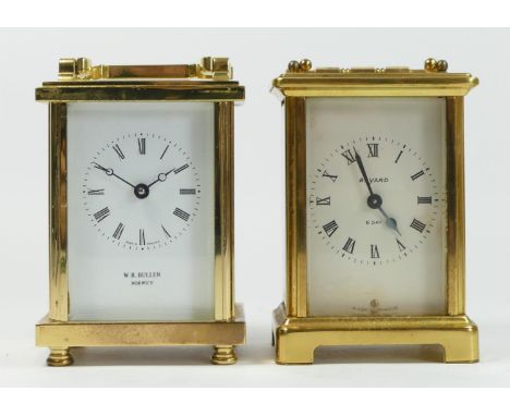 An English brass cased carriage clock, with white enamelled dial, 8 day jewelled movement, retailed by W.R Bullen of Norwich,