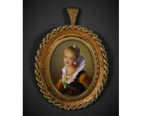 An Italian 18ct gold portrait miniature locket/brooch, London import 1969, depicting a lady in 18th century dress, diamond an