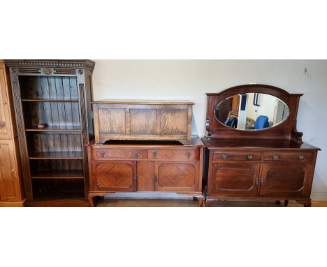 An oak panel front coffer, 111 x 52 x 47cm, a stained pine five shelf bookcase, 91 x 35 x 183cm, together with two sideboards