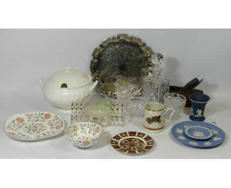 A Royal Crown Derby Old Imari plate, 16cm, together with Minton and Jasperware pieces, a cut glass decanter, plate ware, a St