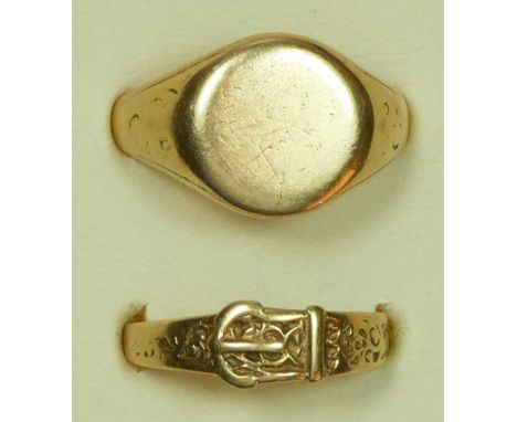 A 9ct gold signet ring, R and another ring, 8gm 