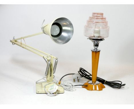 An Art Deco lamp, Bakelite base, chrome fitting and crackled pink glass shade, 45cm tall, together with a Herbert Terry &amp;