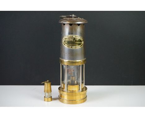 Welsh Brass &amp; Metal Miner's Lamp by E. Thomas &amp; Williams Ltd of Aberdare (type and number unmarked), 26cm high togeth