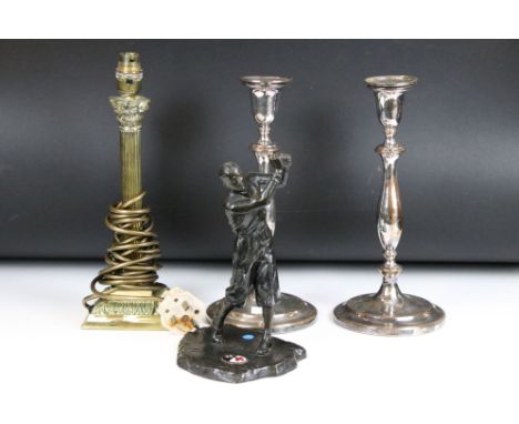 Art Deco spelter golf trophy lacking club, a Corinthian column candlestick &amp; a pair of silver plated candlesticks, each a