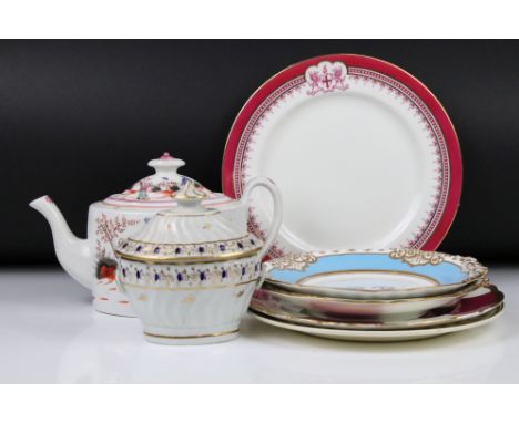 19th century English porcelain oval teapot, pattern 421, a pair of Grainger &amp; Co plates &amp; other English porcelain, qt