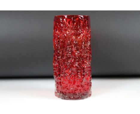 Whitefriars Glass Ruby Red Textured Bark Vase, pattern no. 9691, 23.5cm high 