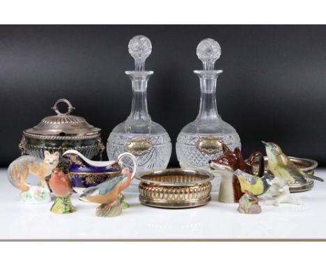 Mixed Lot including a Pair of Glass Decanters with Stoppers, a Pair of Silver Decanter Labels (Sherry and Port) together with