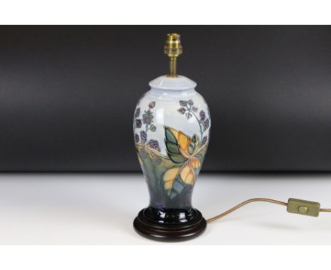 Moorcroft Pottery Table Lamp decorated in the Blackberry pattern, 37cm high to top of fittings 