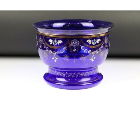 Blue Glass Bowl with hand painted enamel and gilded floral decoration, 27cm diameter x 20cm high 