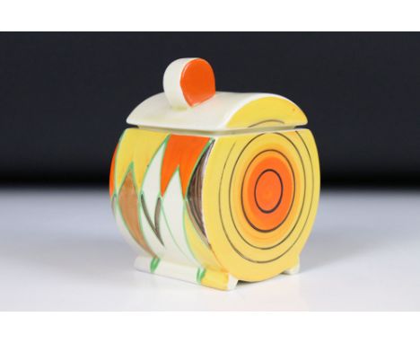 Clarice Cliff Bizarre Bon Jour Preserve Pot and Cover decorated in the Sungold pattern, 11cm high 