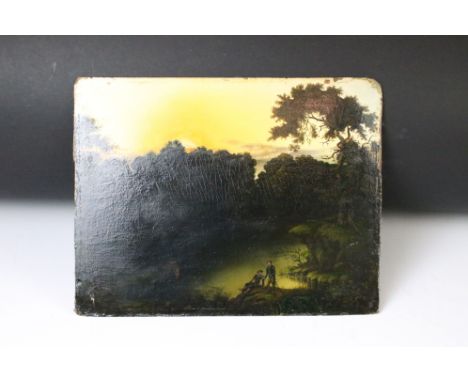 After Patrick Nasmyth, Oil on Panel Landscape with anglers in the foreground, label to verso, 24cms x 31cm 