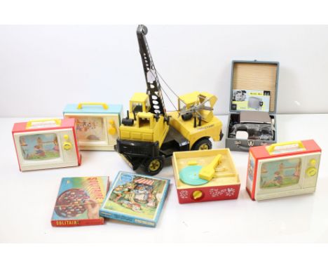 A collection of late 20th century toys to include a large Tonka mobile crane, fisher price record players and a victory jigsa