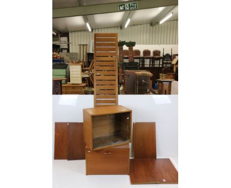 Collection of Ladderax style Teak Modular Furniture including a Side Panel, Cupboard and a Cupboard with Two Sliding Glass Do