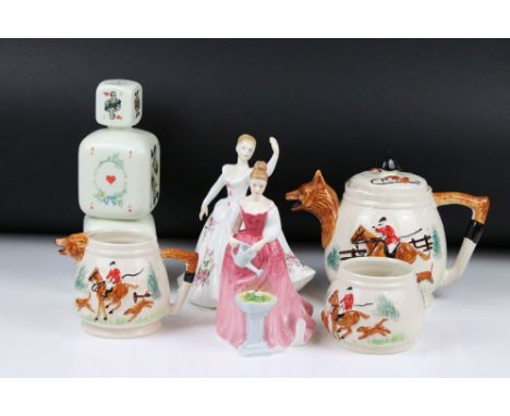 A Royal Doulton figure, HN2702 'Shirley', a Royal Doulton figure, 'Alexandra', a pottery part tea service depicting a hunting