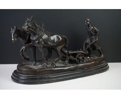 Bronze Figure Group of a Farmer ploughing with Two Horses on marble socle base, 40cm long 